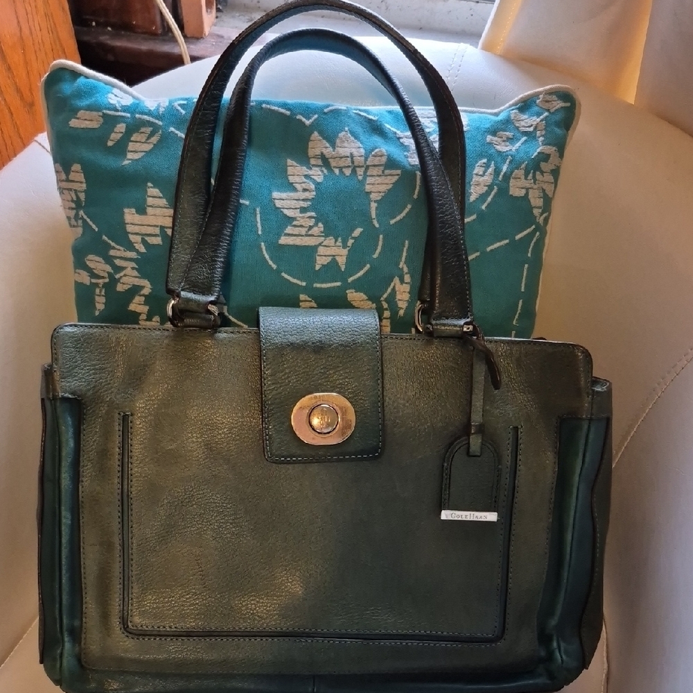 Vintage Cole Haan Forest Green Leather Satchel Tote